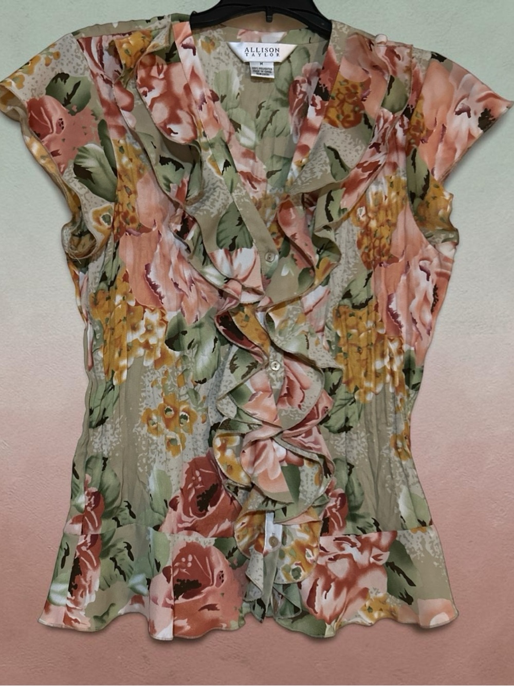 Allison Taylor Women’s Floral Ruffle V-Neck Cap Sleeve Colorful Blouse Medium